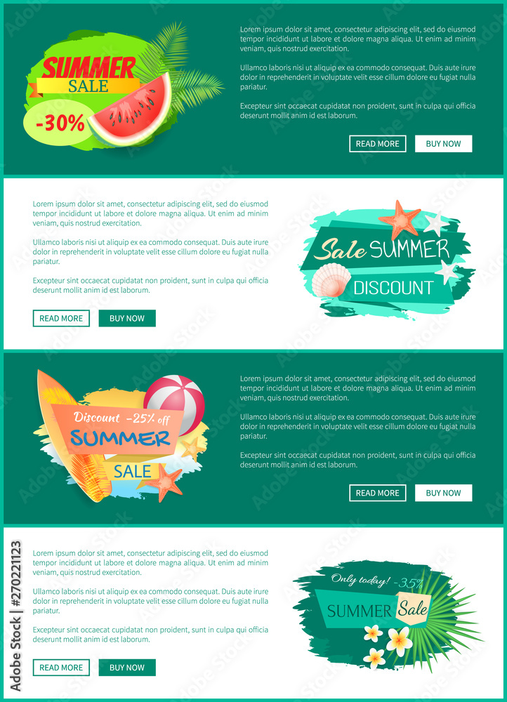 Summer sale seasonal offer. Posters with text sample and buttons. Clearance propositions, watermelon and seashells on beach, flowers blooming vector