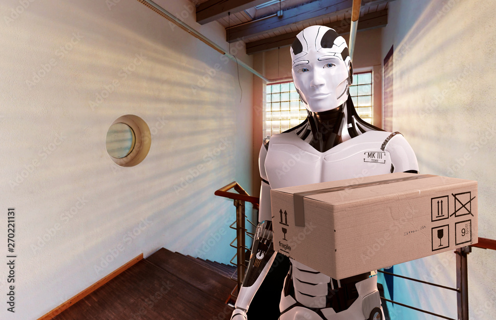 3D Illustration Roboter mit Paket im Treppenhaus - obrazy, fototapety, plakaty 
