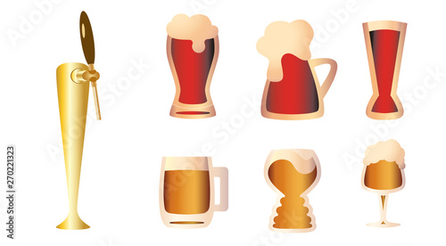 Set of flat hand drawn red and amber beer mug icons and beer tap isolated on white. IPA, India pale ale. Beer day party concept