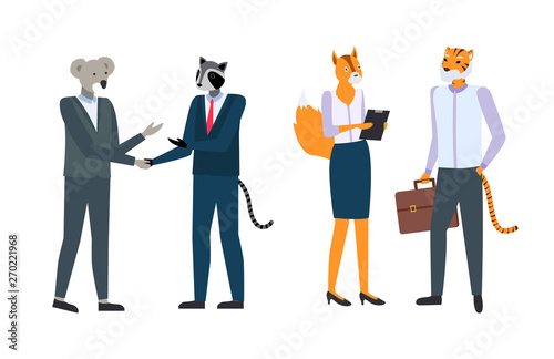 Business people in animal masks and expensive suits shaking hands. Businessman with koala face and badger head , woman fox and man tiger with briefcase isolated