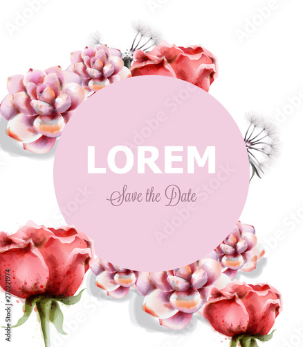 Wedding card with colorful flowers Vector watercolor. Roses and succulents fl...