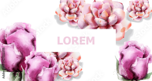 Summer card with colorful flowers Vector watercolor. Roses and succulents flo...