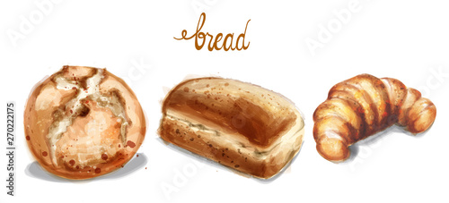 Watercolor bread set Vector illustration. Vintage homemade bakery bread