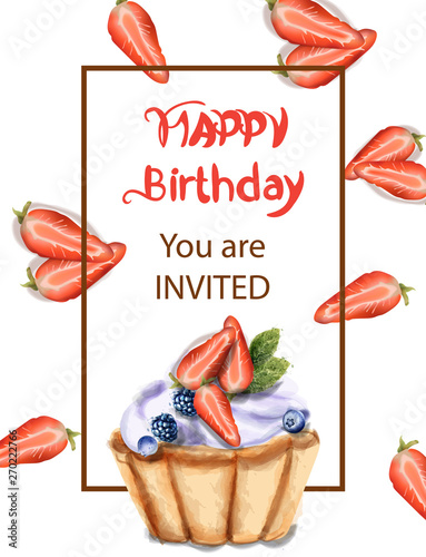 Birthday cupcake Invitation card Vector watercolor. Strawberry and blueberry ...