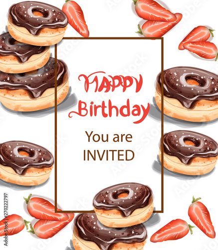 Birthday donuts Invitation card Vector watercolor. Chocolate strawberry sweet...