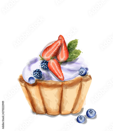 cupcake Invitation isolated Vector watercolor. Strawberry and blueberry sweet...