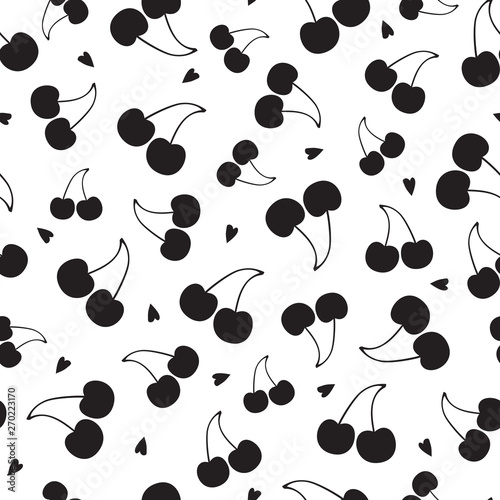 Black cherries on white background. Vector seamless pattern.