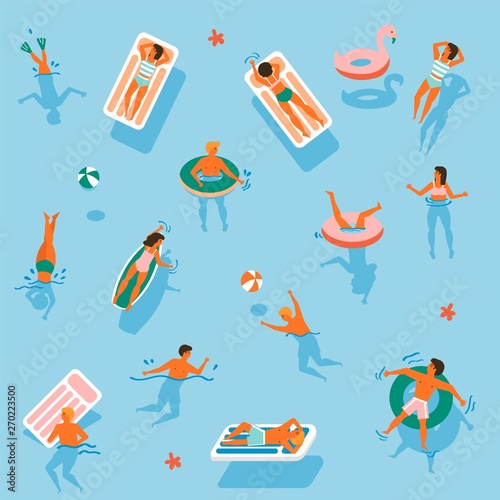 Vector seamless pattern. People swim on inflatable circles, inflatable mattresses, Top view. Summer time. Men and women swim in the ocean, sea, swimming pool. View from above.