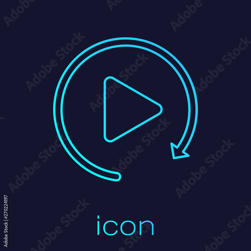 Turquoise Video play button like simple replay line icon isolated on blue background. Vector Illustration