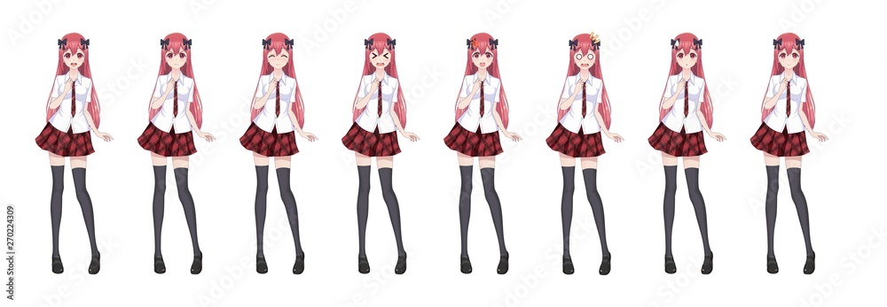 Fototapeta premium Anime manga schoolgirl plaid red skirt tie pattern
