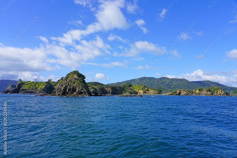 Landscape view from the water in the Bay of Islands on the North Island in New Zealand