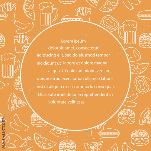 Beer, different types of food and fast food.