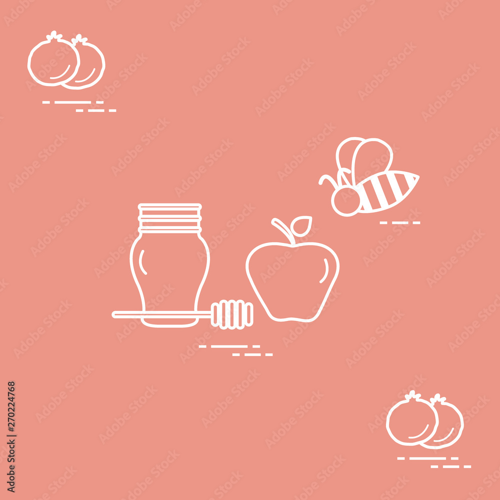 Apple in honey in Rosh Hashanah, pomegranate, bee. Traditional Jewish food and symbols.