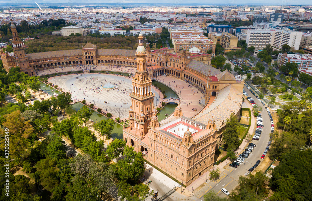 Plaza de Espana at Sevilla with park, view from drone, Andalusia