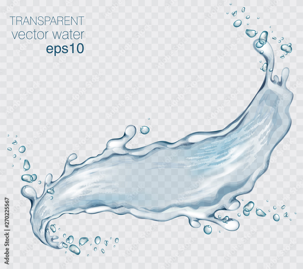 Transparent vector water splash and wave on light background