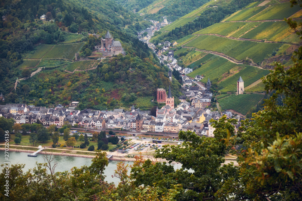 Landscape with german hills and agriculture and grape fields of Rheinland-Pfalz land with river Rhein and Bacharach town from tourist route of Hesse land
