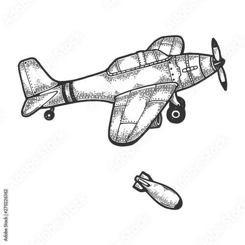 Bomber plane drops bomb sketch engraving vector illustration. Scratch board style imitation. Hand drawn image.
