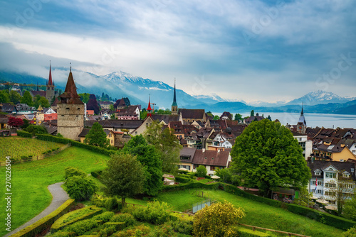 Beautiful panoramic top view of the old town of Zug, Switzerland