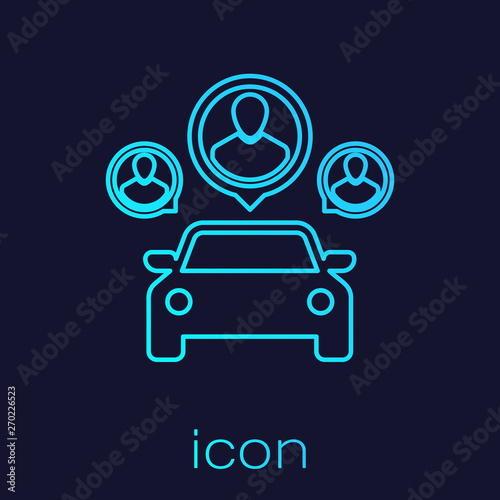 Turquoise Car sharing with group of people line icon isolated on blue background. Carsharing sign. Transport renting service concept. Vector Illustration