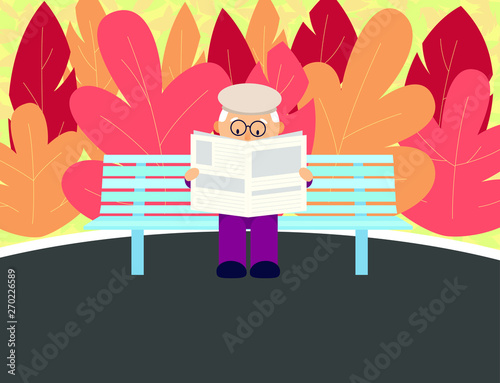 An elderly man reads a newspaper in the autumn park on a bench. Vector illustration in flat style.