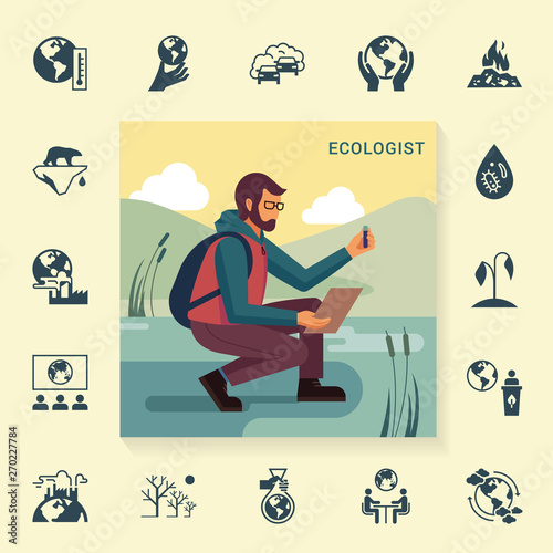 The design concept with the image of a bearded man in glasses and with a backpack ecologist in nature, who takes samples from the tank with a set of icons in a linear style on the theme of ecology.