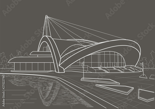Billede på lærred abstract architectural linear sketch concerthall building on gray background