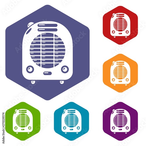 Heat-blower icons vector colorful hexahedron set collection isolated on white