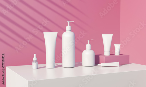 3d render of cosmetic bundle for skin hair care. White plastic package in row on bright millenial pink background. Sunny still life beauty branding set with fern shadows. Salon products mock up. photo