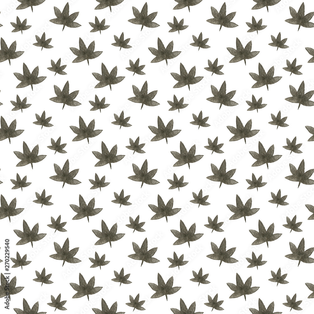 Watercolor pattern with hemp. Botanical hand drawn ink illustration with cannabis leaves isolated on white background. Mj leaves