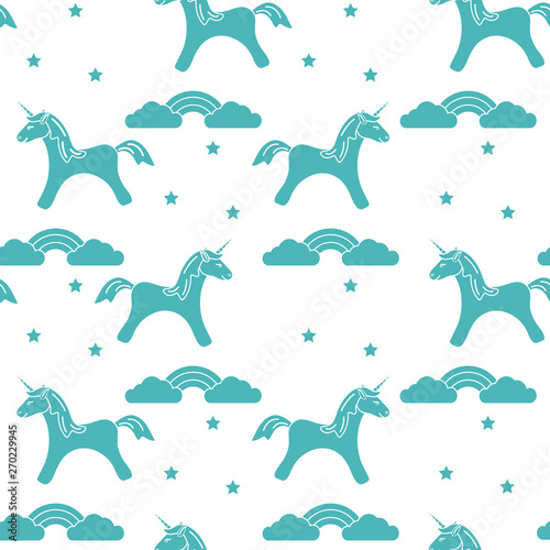 Pattern with magic unicorn, stars, clouds, rainbow
