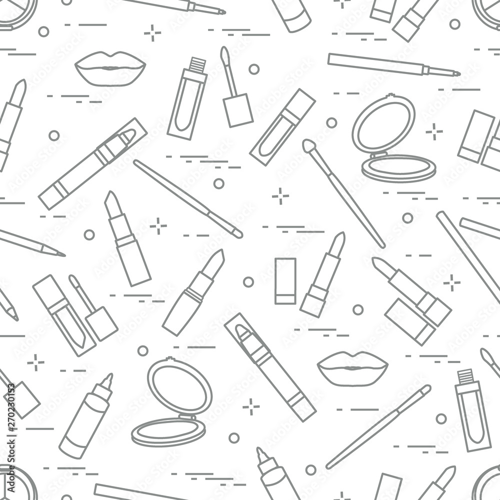Seamless pattern of different lip make-up tools. Vector illustration of lipsticks, mirror, lip liner, lip gloss and other. Seamless pattern of different lip make-up tools. Vector illustration of lipsticks, mirror, lip liner, lip gloss and other.