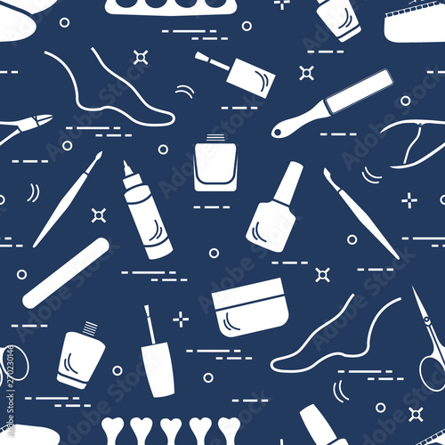 Pattern of manicure and pedicure tools and products for beauty and care.