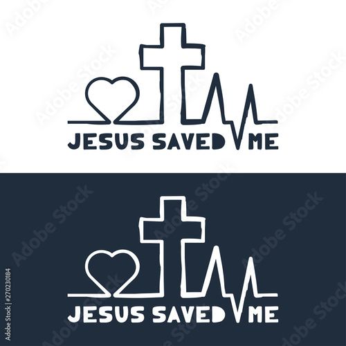 Jesus saved me text with Heartbeat icon and Christian cross. Outline hand draw Heart rate pulse