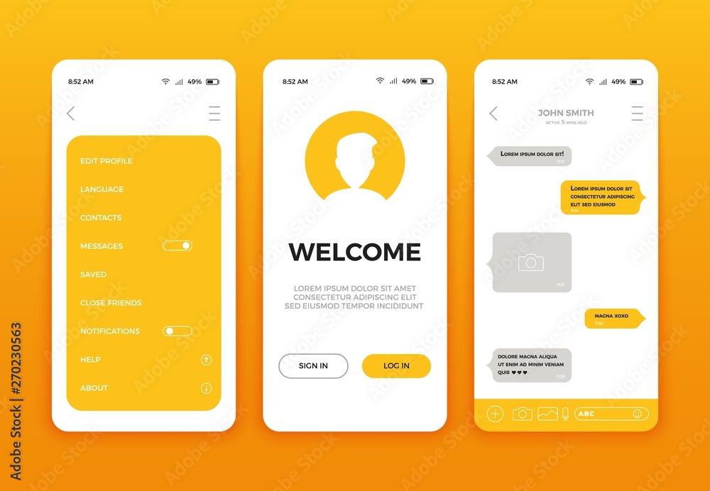 Vecteur Stock Mobile app user interface screen design. Vector set of modern  UI, UX, GUI screens and web icons. Mobile ui kit with welcome window,  registration, home page, concept chat messenger and