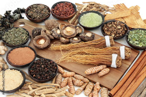 Adaptogen food assortment with herbs, spices and supplement powders. Used in herbal medicine to help the body resist the damaging effect of stress and restore normal physiological functioning.