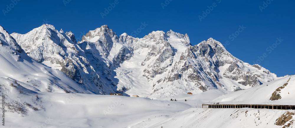 France, Hautes-Alpes (05), Ecrins National Park - Winter panoramic view of Lautaret Pass (Col du Lautaret) with La Meije and Gaspard peaks. European Alps