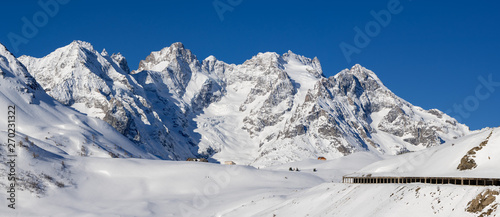 France, Hautes-Alpes (05), Ecrins National Park - Winter panoramic view of Lautaret Pass (Col du Lautaret) with La Meije and Gaspard peaks. European Alps © Francois Roux
