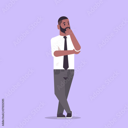 businessman in formal wear holding hand on chin standing pose smiling african american male cartoon character business man office worker posing flat full length
