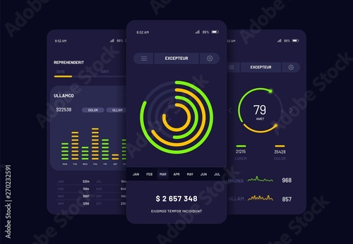 Mobile app user interface screen design. Vector set of modern UI, UX, GUI screens and web icons for mobile apps and responsive website. Mobile ui kit with charts, statistic and diagrams
