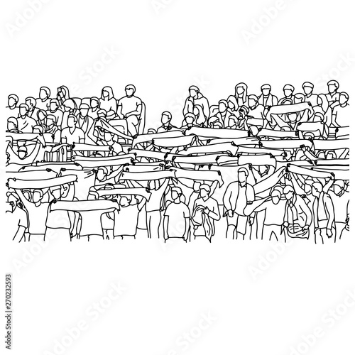 crowd of sport fan on stadium holding scalf vector illustration sketch doodle hand drawn with black lines isolated on white background
