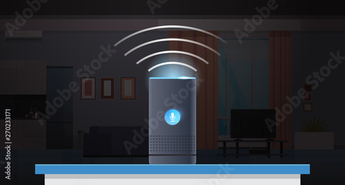 intelligent smart speaker voice recognition activated digital assistants automated command report concept modern apartment kitchen living room interior flat horizontal