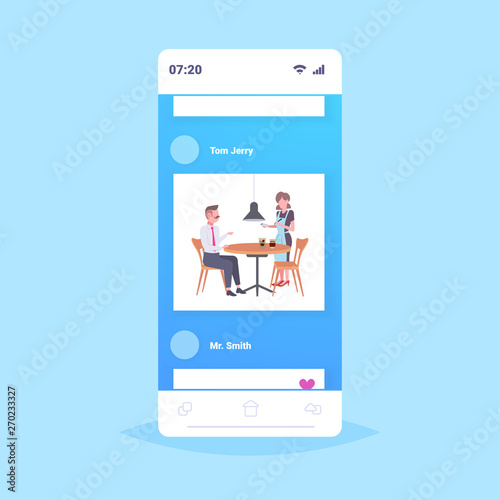 waitress taking order from businessman visitor cafe worker in apron serving drinks to man having break coffee point concept smartphone screen mobile app flat full length