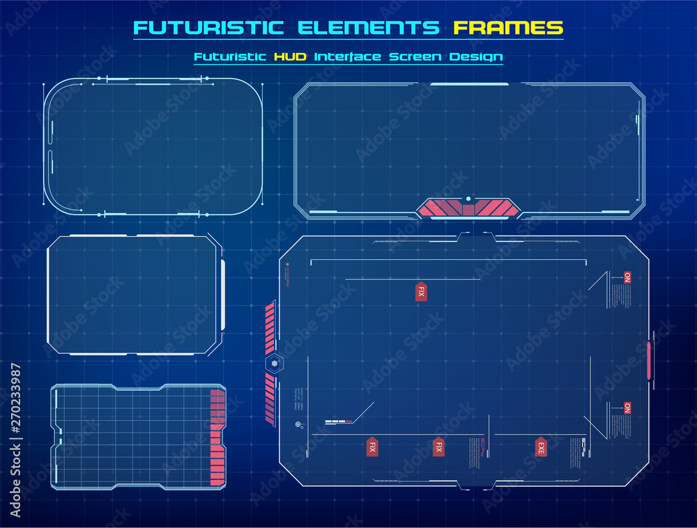 HUD UI GUI futuristic user interface screen elements set .  Abstract control panel layout design. Sci fi virtual tech display. Vector illustration 