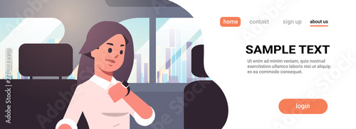young businesswoman looking at clock checking time business woman car passenger sitting on back seat in taxi cab city transportation service concept flat portrait copy space horizontal