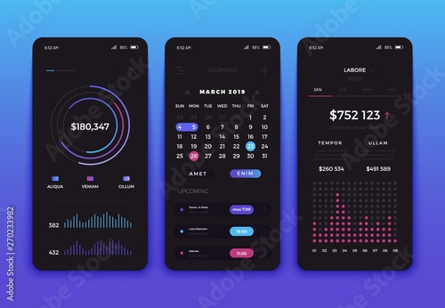 Mobile app interface screen design. Set of different UI, UX, GUI screens and web icons for mobile apps and responsive website. Mobile applications with charts, statistic and calendar