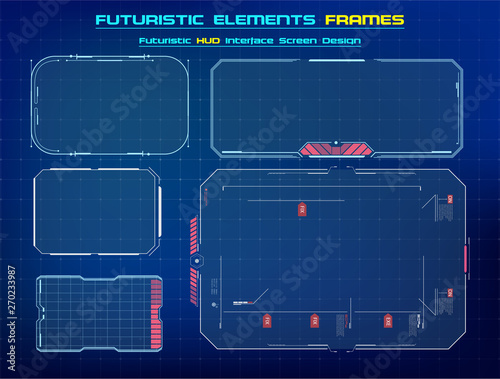 HUD UI GUI futuristic user interface screen elements set .  Abstract control panel layout design. Sci fi virtual tech display. Vector illustration 