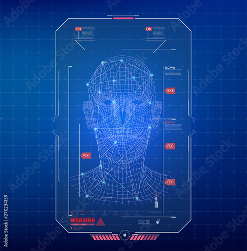 Face Recognition Abstract Tech Background. Biometric Identification or Recognition System of Person in style HUD UI. Vector Illustration