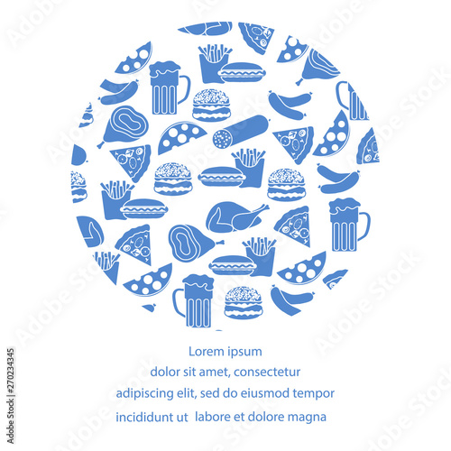 Beer, different types of food and fast food.