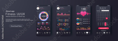 Different UI, UX, GUI screens fitness app and flat web icons for mobile apps, responsive website including. Web design and mobile template. Fitness Dashboard - stock vector