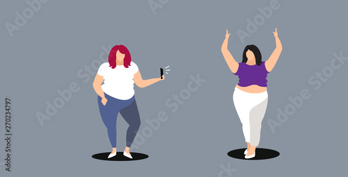 fat woman using smartphone camera girl taking photo of young overweight female model fashion shoot concept sketch doodle horizontal full length